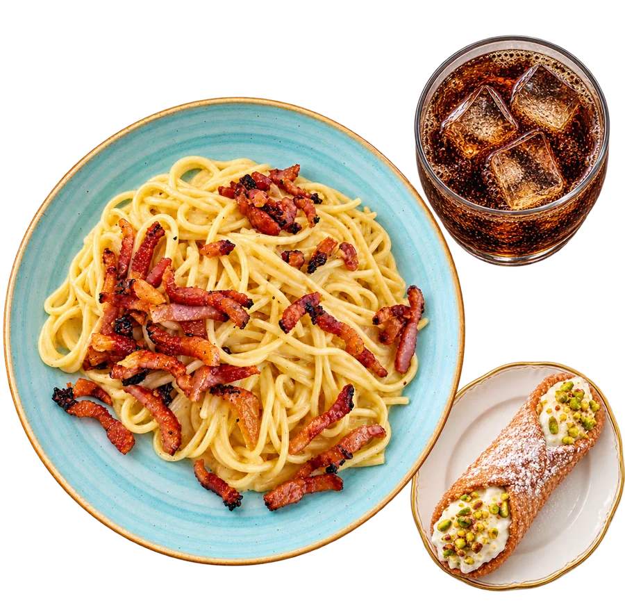 Menú del día: carbonara, bebida y cannolo